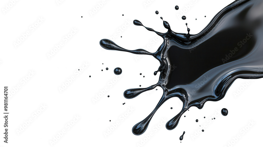 Poster a dynamic splash of black liquid, showcasing fluid movement on a dark background, ideal for artistic