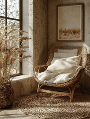 Cozy wicker chair with natural textures.