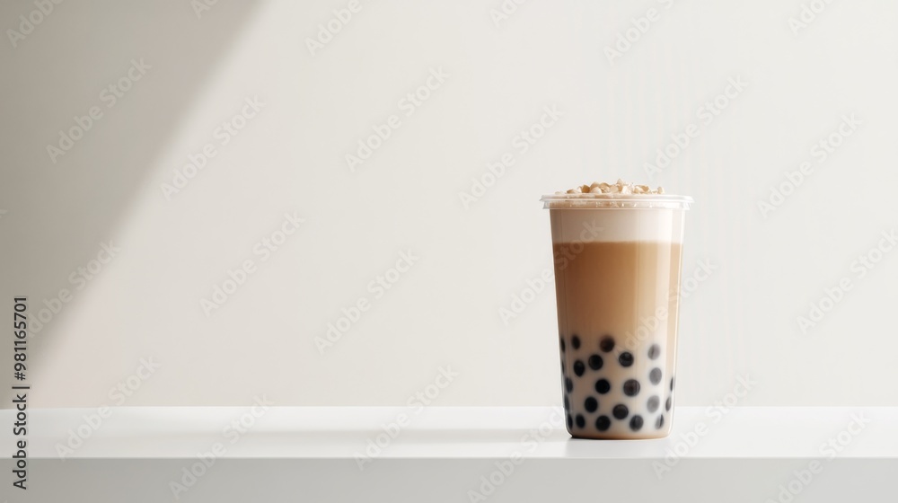Poster A minimalist setting with a single cup of bubble tea on a white table, emphasizing its simplicity and elegance with a clean, uncluttered background.
