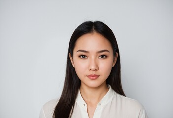 Fototapeta premium A young Asian woman with long black hair and a calm expression. She wears light makeup and a light-colored shirt against a plain white background.