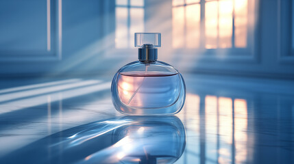 Perfume bottle on the table. 3d render illustration.