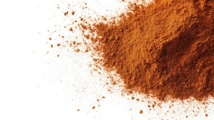 Close-up image of a pile of brown cinnamon powder isolated on a white background, showcasing its fine texture and rich color.