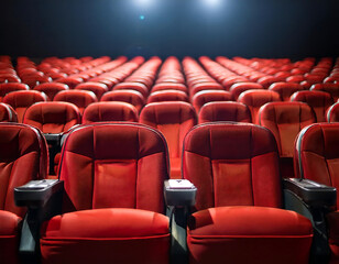 Obraz premium Red cinema chairs generative AI – Rows of red cinema chairs in a theater, symbolizing movie_1(326)