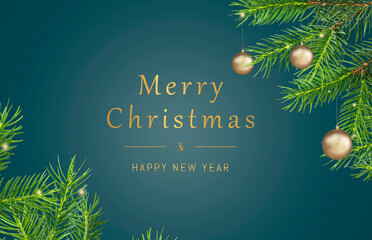 Merry Christmas and Happy New Year greeting card. Fir tree branches with decorative balls on dark teal background