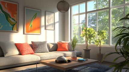 Fototapeta premium A modern living room with a stylish sofa, coffee table, and decorative throw pillows, bathed in natural light from large windows, creating a cozy and inviting space.