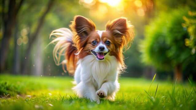 Adorable Papillon dog with oversized, flappy ears runs freely in a lush green park, its joyful face and wagging tail exuding pure happiness outdoors.