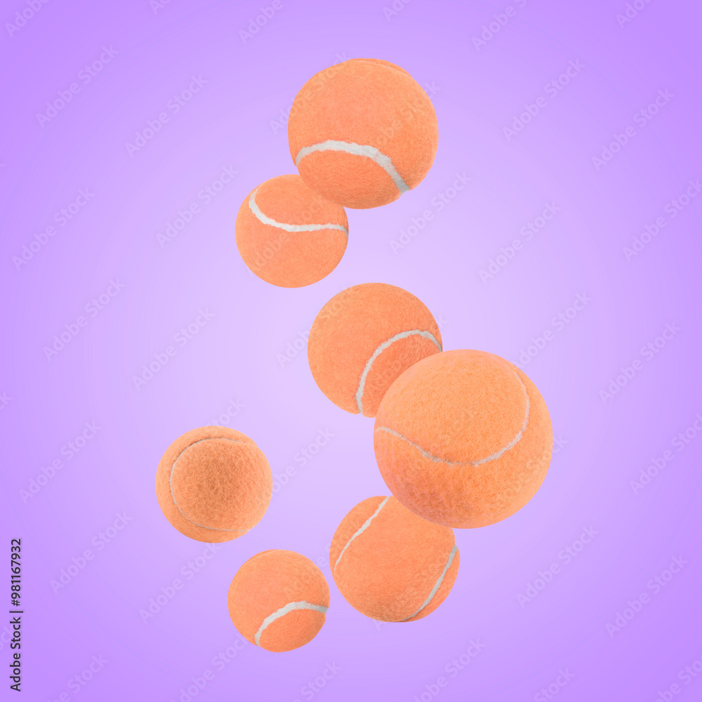 Sticker Many orange tennis balls flying on violet background