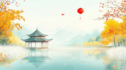 Obraz premium Autumn outdoor nature scenery in illustration style.