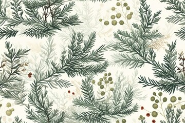 Christmas Seamless Pattern. Coniferous branches, cones, red artificial berries, thuja branches. Pattern for wrapping paper, greeting cards, invitations, fabric, prints.