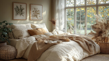 A cozy bedroom with natural light and a warm color palette.