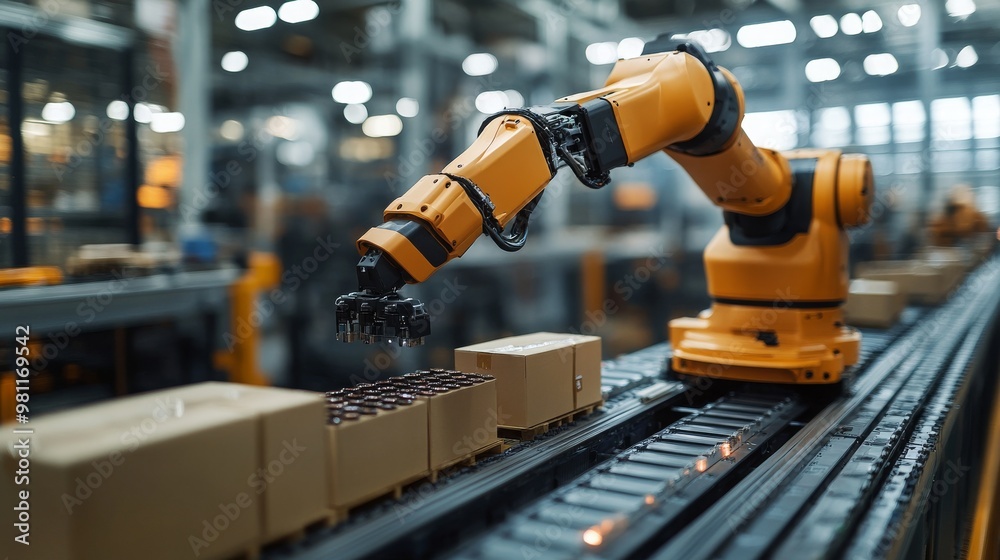 Poster robotic arm sorting and handling boxes on a conveyor belt in an automated warehouse environment