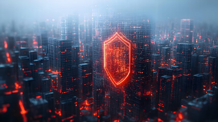 3D Integrity Shield Over Data Stream Cityscape: Transparent Security Icon Illustrating Election Safety with Bokeh City Lights