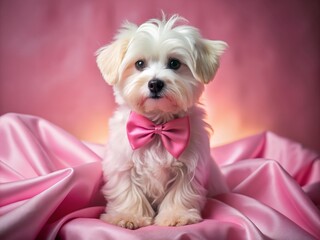 Adorable white canine with pink bow tie perches on mound of soft pink fabric, surrounded by gentle folds, exuding innocence and playful charm.