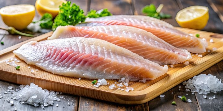 * Freshly frozen swai fish fillets sit elegantly on a cutting board, preserved in a chilly refrigerated environment for optimal freshness.