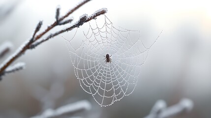 A spider sits in the center of a web covered in morning dew.