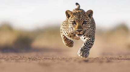 A jaguar dashes toward the viewer with intense focus, displaying its sleek body and striking spots against the backdrop of the serene desert landscape