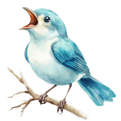 A chirping bird cartoon, animal character, watercolor illustration, sky blue colors, isolated on white background