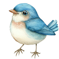 A chirping bird cartoon, animal character, watercolor illustration, sky blue colors, isolated on white background