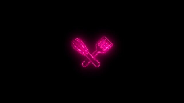 Kitchen tool icon. Whisk and spatula, cross and cross. neon style on black background. Light icon..