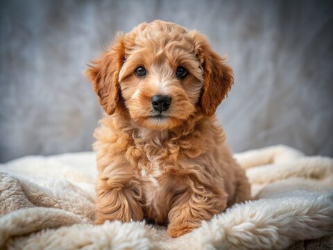 A fluffy curly-haired mini goldendoodle puppy sits on a soft blanket, its big brown eyes and sweet expression capturing hearts with irresistible cuteness.