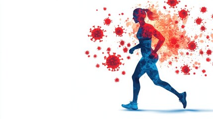 A vibrant silhouette of a runner surrounded by abstract representations of viruses, symbolizing health and resilience in challenging times.