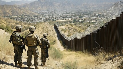 Soldiers observing a border fence in a mountainous region.