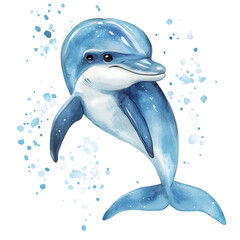 A happy dolphin cartoon, animal character, watercolor illustration, ocean tones, isolated on white background