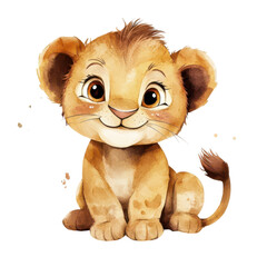 A happy lion cub cartoon, animal character, watercolor illustration, earthy tones, isolated on white background