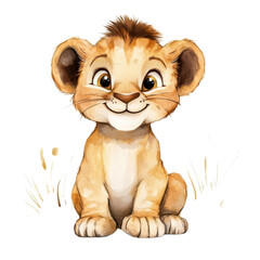 A happy lion cub cartoon, animal character, watercolor illustration, earthy tones, isolated on white background