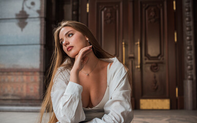 Young beautiful girl at city street. Youth aesthetic, lifestyle of modern people