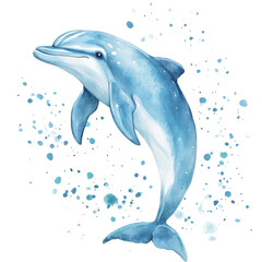 A joyful dolphin cartoon, animal character, watercolor illustration, ocean blue hues, isolated on white background
