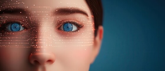 Closeup of a face with digital points and futuristic data streams representing facial scanning technology, AI precision, face recognition concept