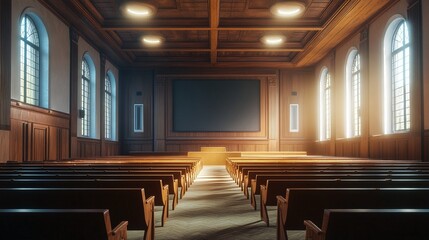 modern and spacious lecture hall with a large screen, rows of seats, and a detailed podium, designed to facilitate learning and academic presentations in a university setting