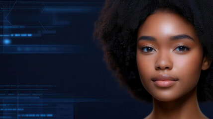 Closeup of digital interface scanning a models face, futuristic beauty analysis with AI tech, AI beauty recognition, facial AI aesthetics
