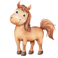A joyful horse cartoon, animal character, watercolor illustration, natural brown tones, isolated on white background