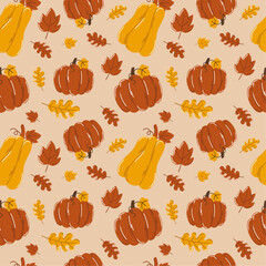 Autumn seamless pattern with pumpkin, leaf, cozy fall elements, cute hand drawn pattern
