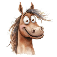 A joyful horse cartoon, animal character, watercolor illustration, natural brown tones, isolated on white background