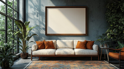 A modern living room with a large, blank canvas hanging above a white sofa.