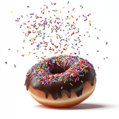 donuts with chocolate topping with colorful sprinkles isolated on white background for the design of decorative cards, backgrounds, banners and posters