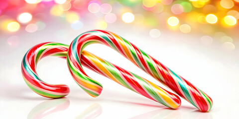 Fototapeta premium Captivating Flat Holographic Candy Canes Rotating Against a Bright Festive Background - Glossy Texture Vector Illustration for Holiday Marketing