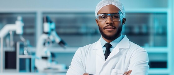 Scientist in a futuristic biotech lab analyzing bioinformatics data on a holographic display