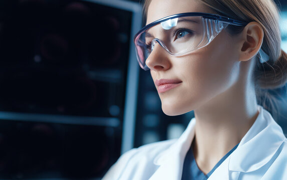 Scientist in a biotech lab using AIdriven analysis to study cell mutations on digital screens