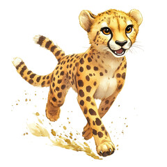 A running cheetah cartoon, animal character, watercolor illustration, golden yellow tones, isolated on white background