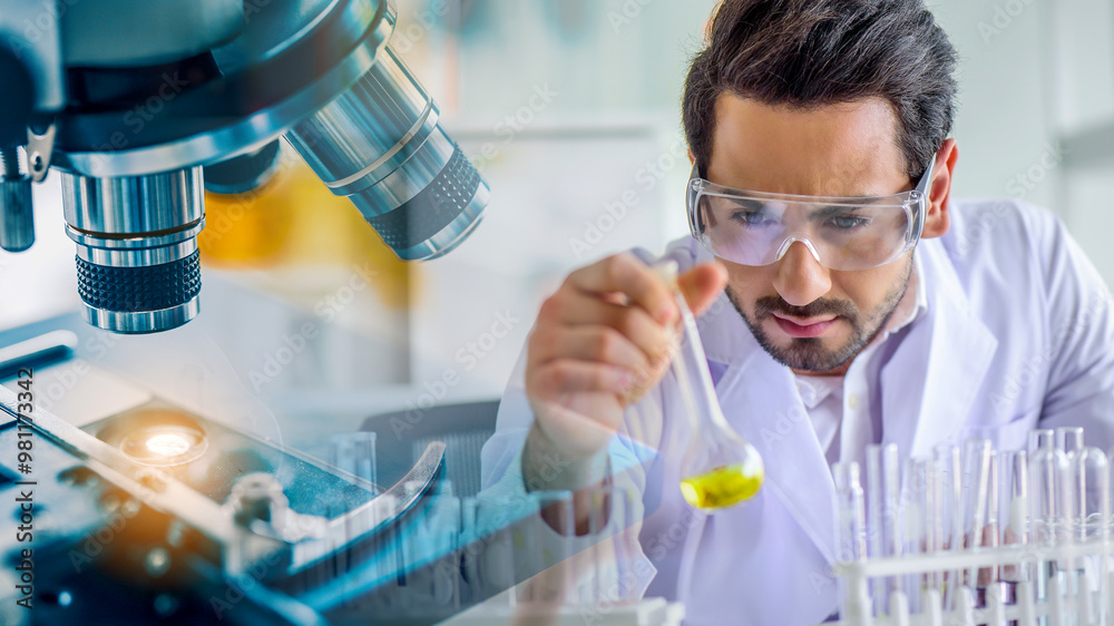 Wall mural scientist or chemist using microscope with laboratory glassware, science research and development co
