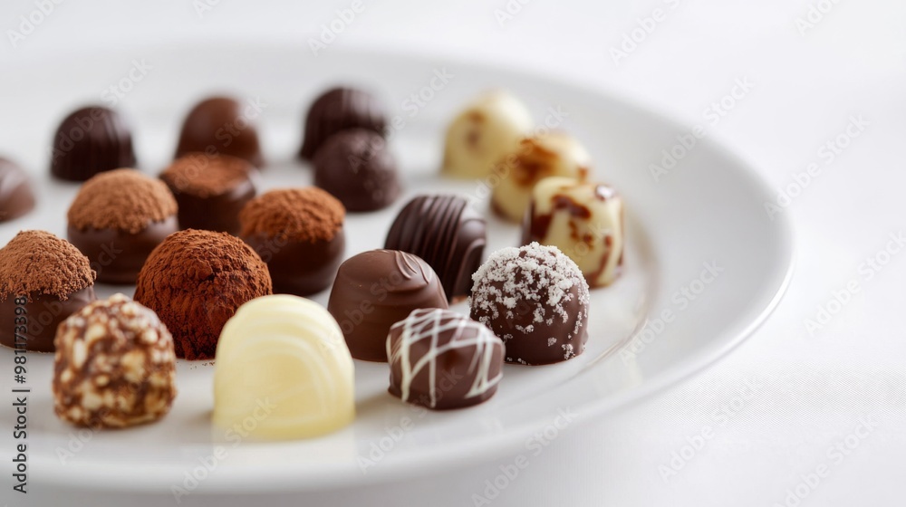 Poster A selection of chocolate truffles and pralines arranged on a white plate, emphasizing the luxurious appearance and delicate craftsmanship of the confectionery.
