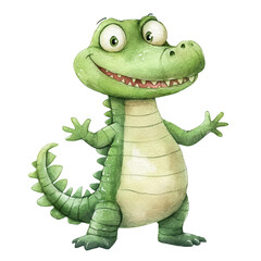 Fototapeta premium A smiling crocodile cartoon, animal character, watercolor illustration, green tones, isolated on white background