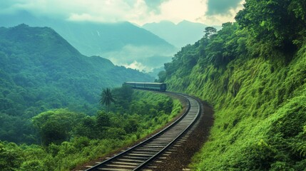 Fototapeta premium A scenic railway track cutting through lush green mountains, with a train approaching in the distance, representing travel through natural landscapes and serene environments.