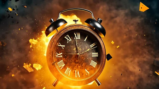 A vintage clock dramatically explodes in a fiery blaze with debris flying around. The scene is set at night, amplifying the dramatic effect. The destructive action creates a sense of urgency and