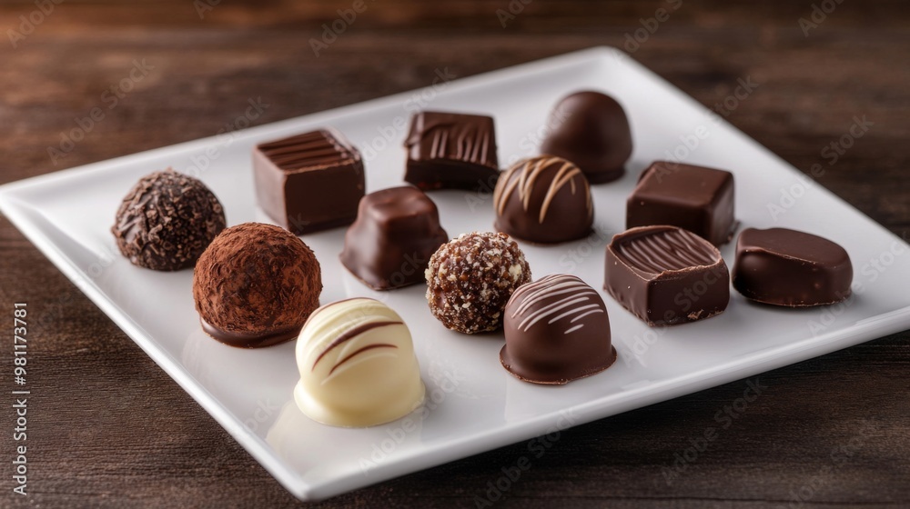 Poster A selection of chocolate truffles and pralines arranged on a white plate, emphasizing the luxurious appearance and delicate craftsmanship of the confectionery.