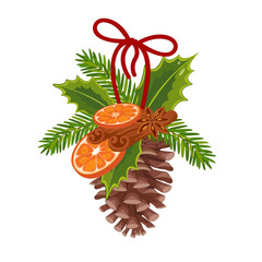 Conifer branches vector illustration. Pine cone, spruce, fir tree branches with orange and red ribbon. Stock winter nature clipart with red bow